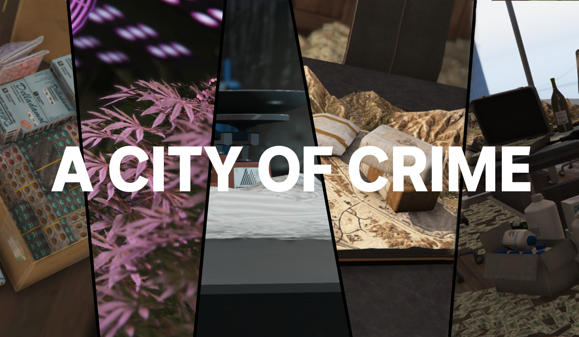 5 Stacked images and the title "A City of Crime"